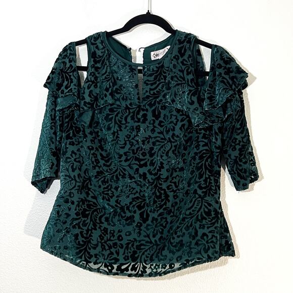 Nanette Lepore Velvet Burnout Top Womens S Ruffle Cold Shoulder Whimsigoth Fairy - Picture 2 of 7